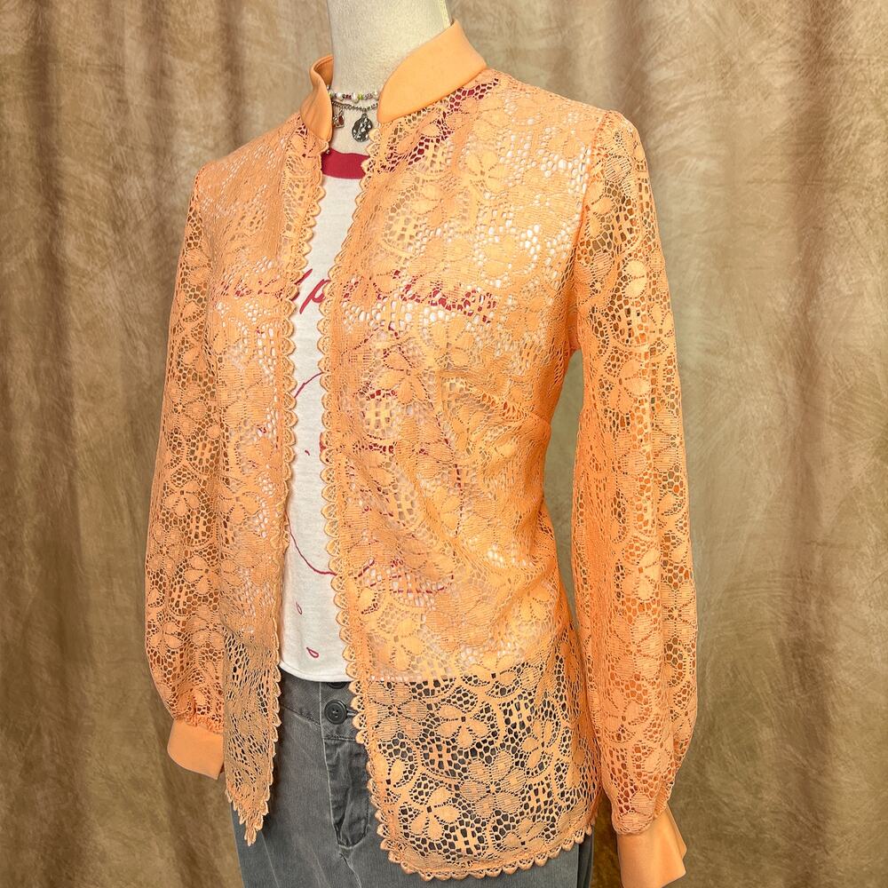 Vintage 70s Lace Top Open Front Crochet Floral Pastel Orange Long Sleeve Retro - Picture 8 of 8